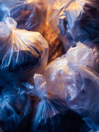 Transparent containers teeming with unidentified items are piled haphazardly in a cluttered storage space, evoking mystery and organized chaos.の写真素材