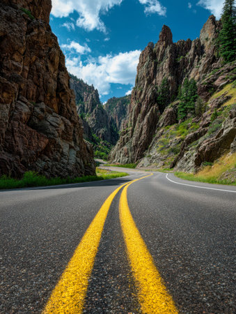 A serene mountain passage curves through jagged cliffs, featuring bold yellow lines under a vibrant...