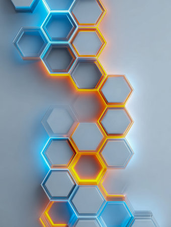 A cutting-edge visual with geometric hexagons linked in a web, glowing with icy blue and fiery...