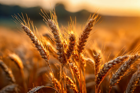 Sun-kissed wheat sways gently, radiating a rich amber hue as the evening sun casts a peaceful glow...