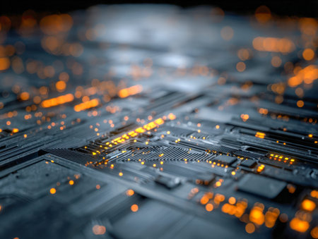 A detailed view of a cutting-edge circuit board, where vibrant LEDs trace intricate pathways and...
