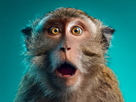 A detailed close-up revealing an expressive primate with enlarged eyes and open jaw, capturing an...