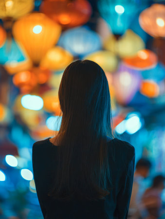 A woman with flowing hair gazes at luminous, multicolored lanterns shimmering overhead, immersing...