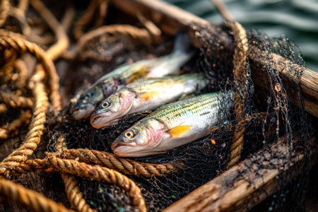 Vibrant fish lie in a mesh net, surrounded by weathered wooden ropes, capturing the quiet energy of...
