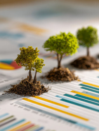 Tiny saplings emerge from miniature earth mounds arranged on vibrant market graphs, illustrating...