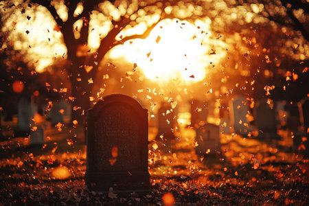 Warm evening glow bathes a solitary memorial amid gently fluttering leaves, evoking serenity and...