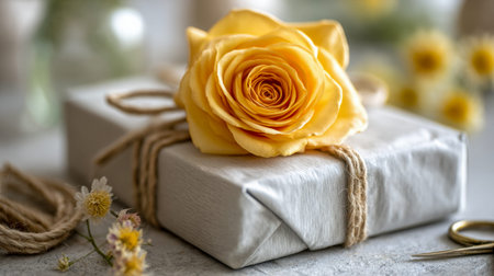 An intimate detail captures a charming gift featuring handcrafted wrapping with rough twine,...