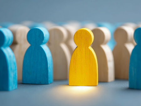 A vibrant yellow figure sharply contrasts with surrounding blue and natural wooden counterparts,...