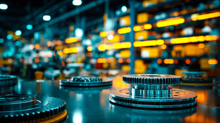 Close-up of metallic components moving along a precision assembly line, highlighting machinery...