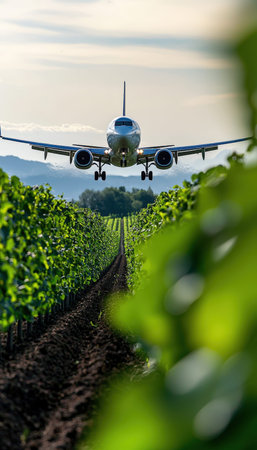 An aircraft soars above vibrant farmland bathed in the warm glow of sunset, conveying a sense of...