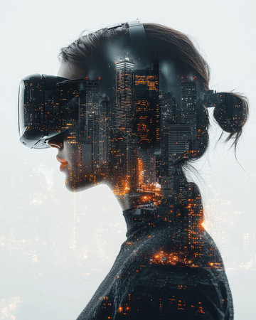 A woman immerses in a digital experience, illuminated by vibrant city lights blending with augmented...