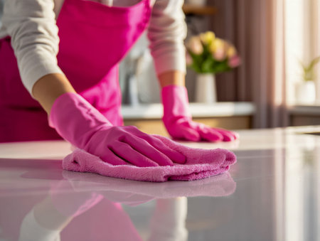 Vibrant pink gloves grip a soft microfiber cloth as they gently cleanse a spotless kitchen surface,...