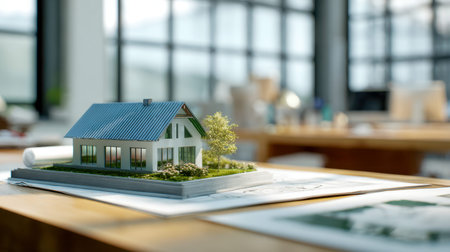 A detailed scale model of a contemporary residence rests atop detailed plans, surrounded by office...