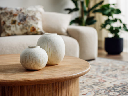 A charming arrangement of handcrafted ceramic vessels sits atop a circular wooden table, complemented by lush greenery and a plush beige sofa in warm, gentle daylight.の写真素材