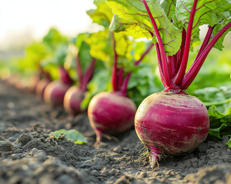 Vibrant purple-rooted vegetables with lush green leaves extend in neat rows under bright sunshine,...