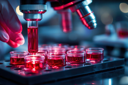 Researchers analyze crimson liquid specimens using high-tech equipment in a bright, professional lab...