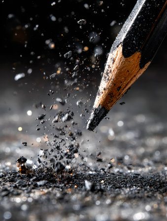 A sharpened pencil snaps, sending fine charcoal particles scattering across a textured surface, capturing a moment of creative interruption and dynamic motion.の写真素材