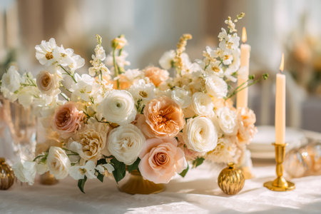 A refined arrangement of soft-hued blooms complemented by flickering candles creates an ambiance of grace and serenity, perfect for upscale gatherings and special occasions.の写真素材