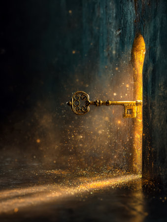 An intricate, vintage key reveals a radiant portal, symbolizing new opportunities and hidden secrets waiting to be discovered.の写真素材