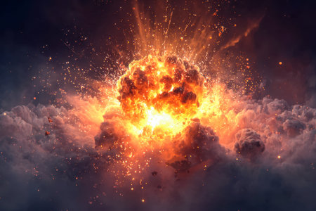A dramatic burst of flames ignites the sky, casting fiery hues and billowing smoke clouds amid a surge of shimmering sparks and intense energy.の写真素材