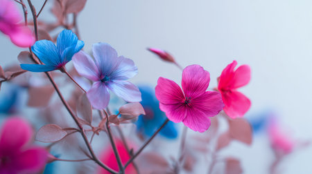 Bright blossoms with gentle, layered petals emerge along thin, graceful stems, set against a dreamy, pastel-toned backdrop that evokes tranquility and natural beauty.の写真素材