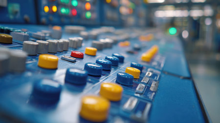A detailed shot of a high-end mixing board featuring vibrant knobs and led lights, capturing the...