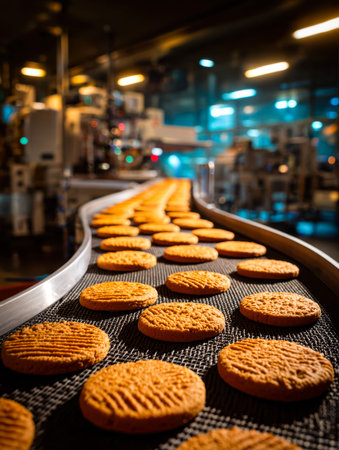 Warm, golden cookies glide along a bustling bakery line, filling the air with tempting aroma and...