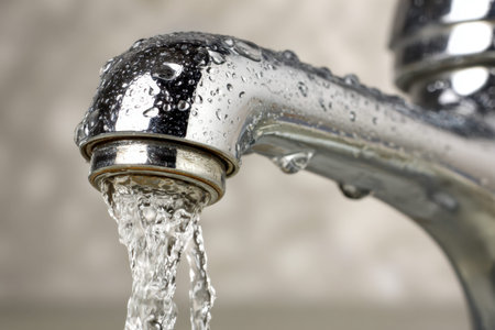 A sleek, contemporary faucet gleams as clear water streams, droplets sparkle, emphasizing purity and...