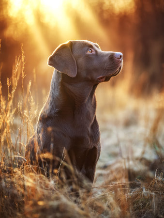 A graceful Labrador puppy rests serenely amid a golden-hued meadow as the first light of dawn bathes...