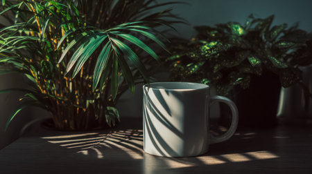 A pristine white ceramic mug nestled among vibrant tropical foliage, with striking shadows emphasizing the lively, cozy garden vibe.の写真素材