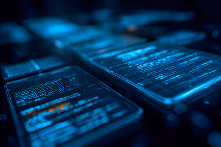 Illuminated digital codes flow across sleek, glass-like interfaces in a shadowy high-tech setting,...