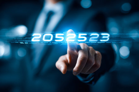 A person engages with a holographic interface featuring a glowing digital calendar amid a sleek,...