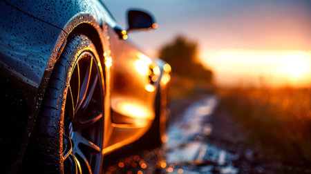 A glossy tire reflects the amber glow of sunset amid shimmering puddles, conveying speed and...