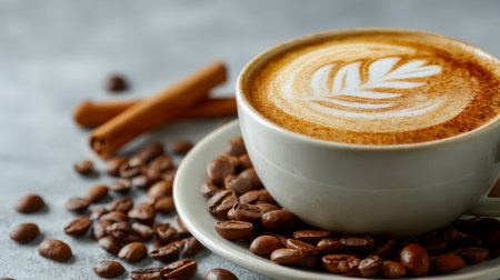 A steaming cup featuring intricate latte art rests besides glossy roasted beans, set on a tactile,...