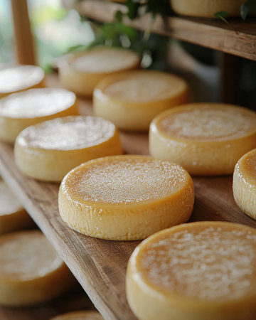 Artisan cheese wheels with textured rinds rest on a rustic wooden shelf, evoking craft and tradition...