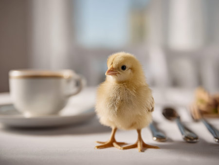 A cheerful little chick brightens a rustic kitchen corner, nestled beside a steaming mug and...
