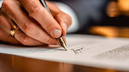 A professional hands over a signature with an elegant gold writing instrument, capturing a moment of...