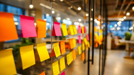 Vibrant notes in various hues are meticulously clustered on a sleek glass surface, infusing the...