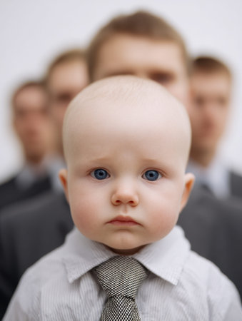 A focused infant in a tailored outfit stands confidently, with towering professionals in the...