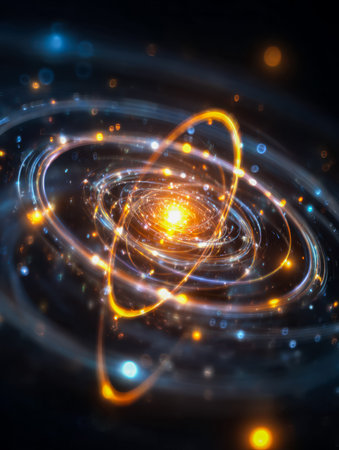 A mesmerizing scene featuring radiant spheres and dynamic swirls of energy, creating a vivid cosmic...