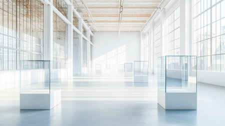 Bright, serene gallery featuring sleek glass showcases and soft daylight streaming in, emphasizing simplicity and artistic elegance.の写真素材