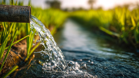 Early morning light casts a golden glow over vibrant green fields, as a crystal-clear stream meanders peacefully, cultivating serenity and natural beauty.の写真素材