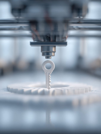 A sleek, unfinished metal key is shaped with robotic precision by a cutting-edge 3d printing system,...