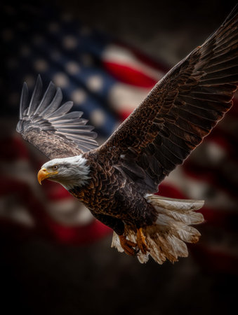 A powerful eagle glides through the sky, its wings spread wide against a vibrant backdrop of the...