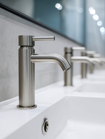 Polished metallic fixtures crown pristine white basins, emphasizing minimalist elegance and smooth...