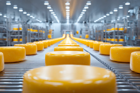 Rows of golden, handcrafted cheese rounds glide along a busy conveyor, basking in warm factory...