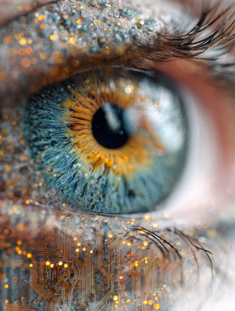 A vivid close-up of a human eye with striking blue and amber hues, seamlessly intertwined with...