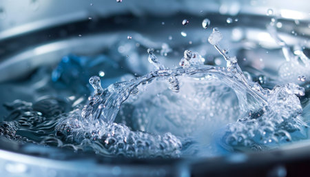 Close-up of water splashes in washing machine drum, high quality, white background