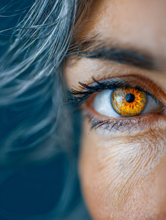 An intense close-up capturing a vivid amber eye, textured skin, and subtle gray hair strands under...