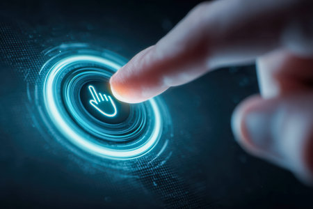A fingertip hovers near a luminous digital control, with a hand cursor icon indicating seamless engagement with advanced, innovative interfaces of tomorrow.の写真素材